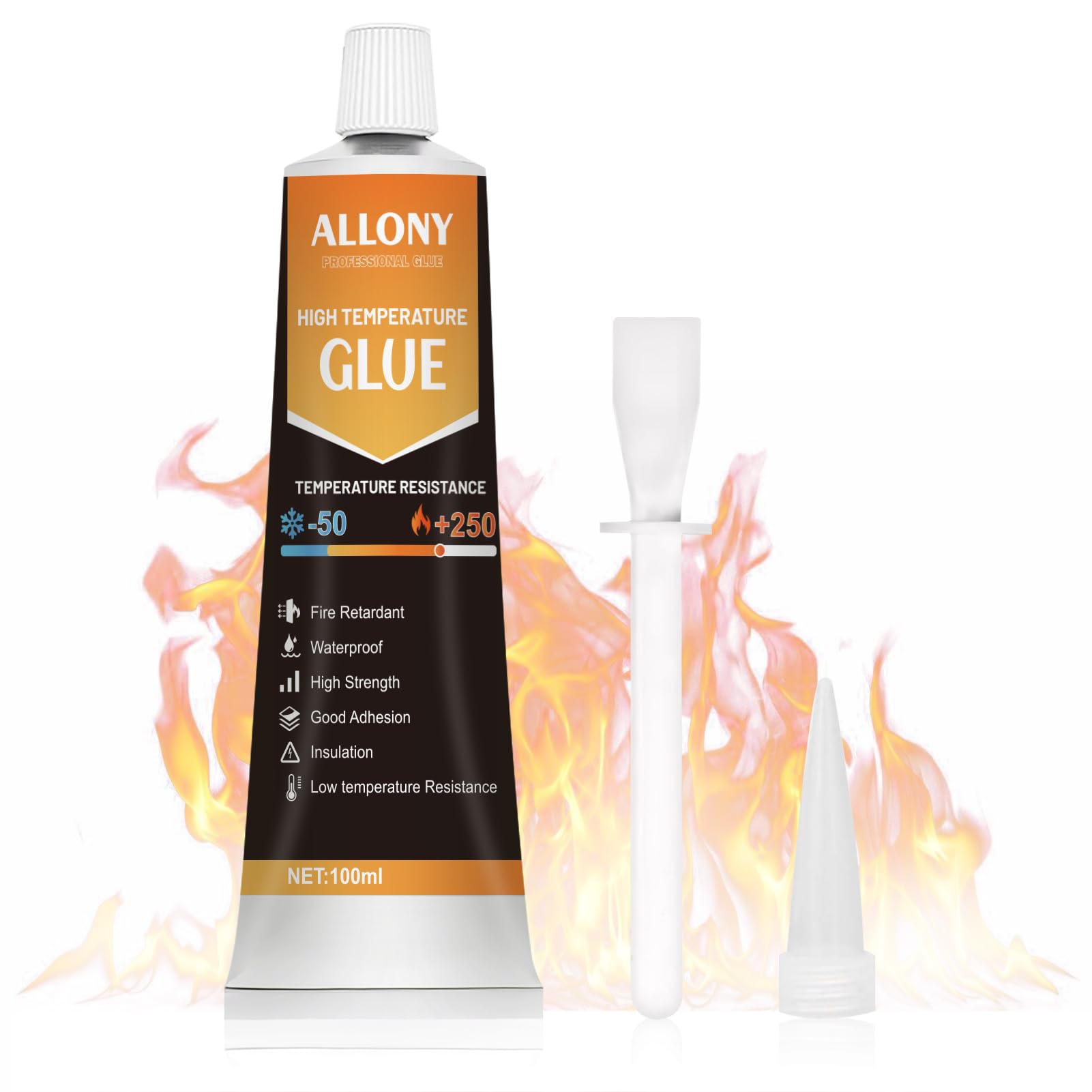 ALLONY Silicone Alta Temperatura, Silicone Trasparente, Cemento Refrattario, Resistente al Calore, Elevata Adesività, Adatto per Auto, Caminetti, Stufe, Forni, Elettrodomestici, ecc - 100 ml