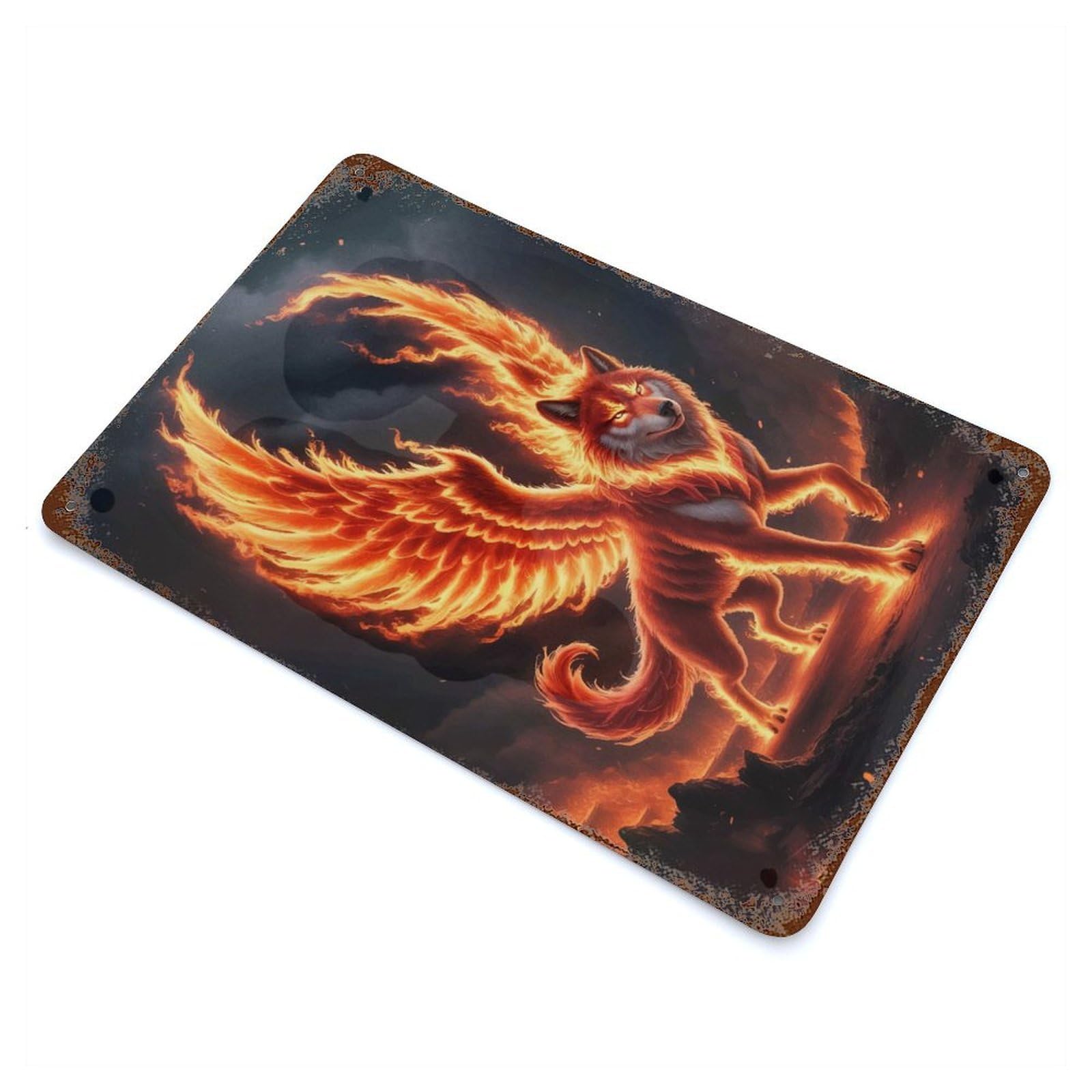 Aged Metal Wall Plaque with Fiery Winged Wolf Design 11.8"x7.9", for Cafe, Home Bar And Lounge Decor, Novelty Wall Decor