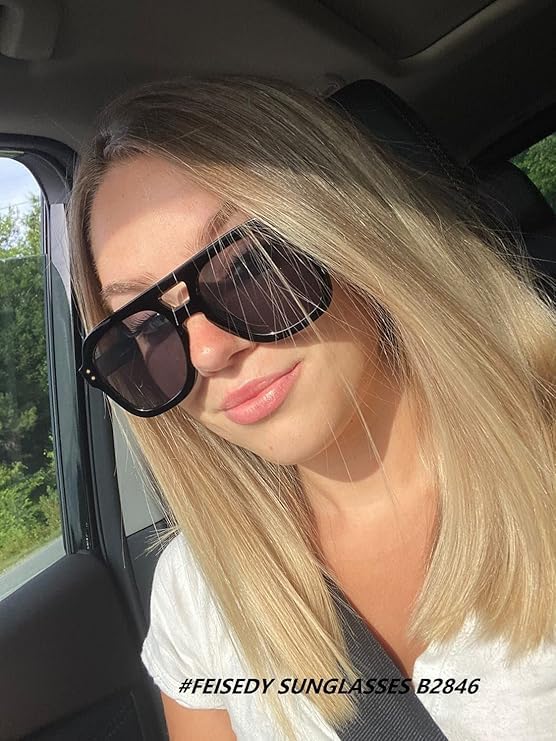Image of FEISEDY Vintage Aviator Sunglasses Double Bridge Women Men Large Square Thick Frame Trendy Eyewear UV400 B2846