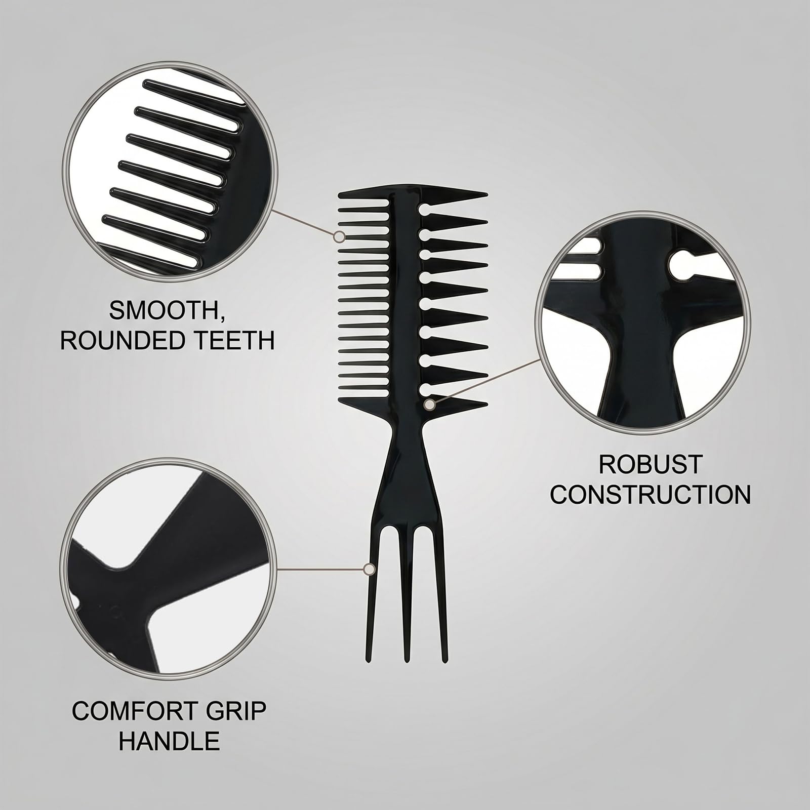 Pettine Uomo Set 3 Pezzi per Styling e Volume: Denti Larghi e Texture per Ciuffo Graffiato, Capelli Mossi e Ricci, Kit Professionale Nero Grigio