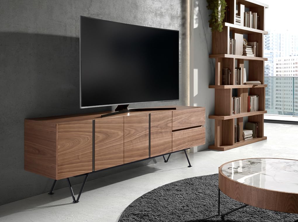 Ángel CERDÁ TV-Schrank aus Holz mit Walnussfurnier und schwarzem Stahl, 180 x 42 x 60 cm, Wohnzimmermöbel mit 2 Türen und 2 Schubladen, Softclosing