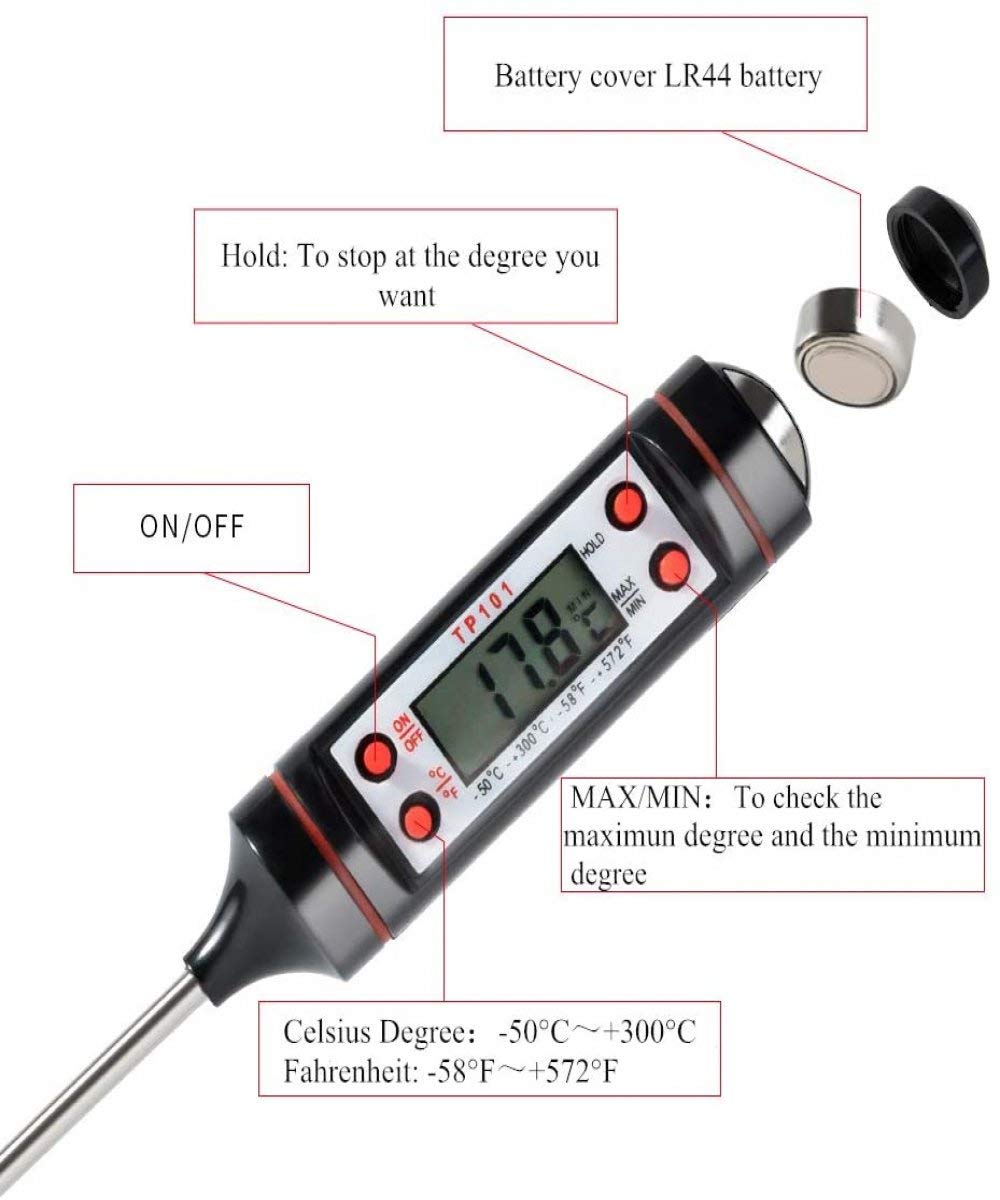 SQUADO® Termometro Cucina, Digitale Termometro per Carne a Lettura Istantanea con Sonda Super Lunga da 15 cm e Display LCD per Alimenti Carne Barbecue Vino Latte Olio Dessert Cibo Acqua Grill