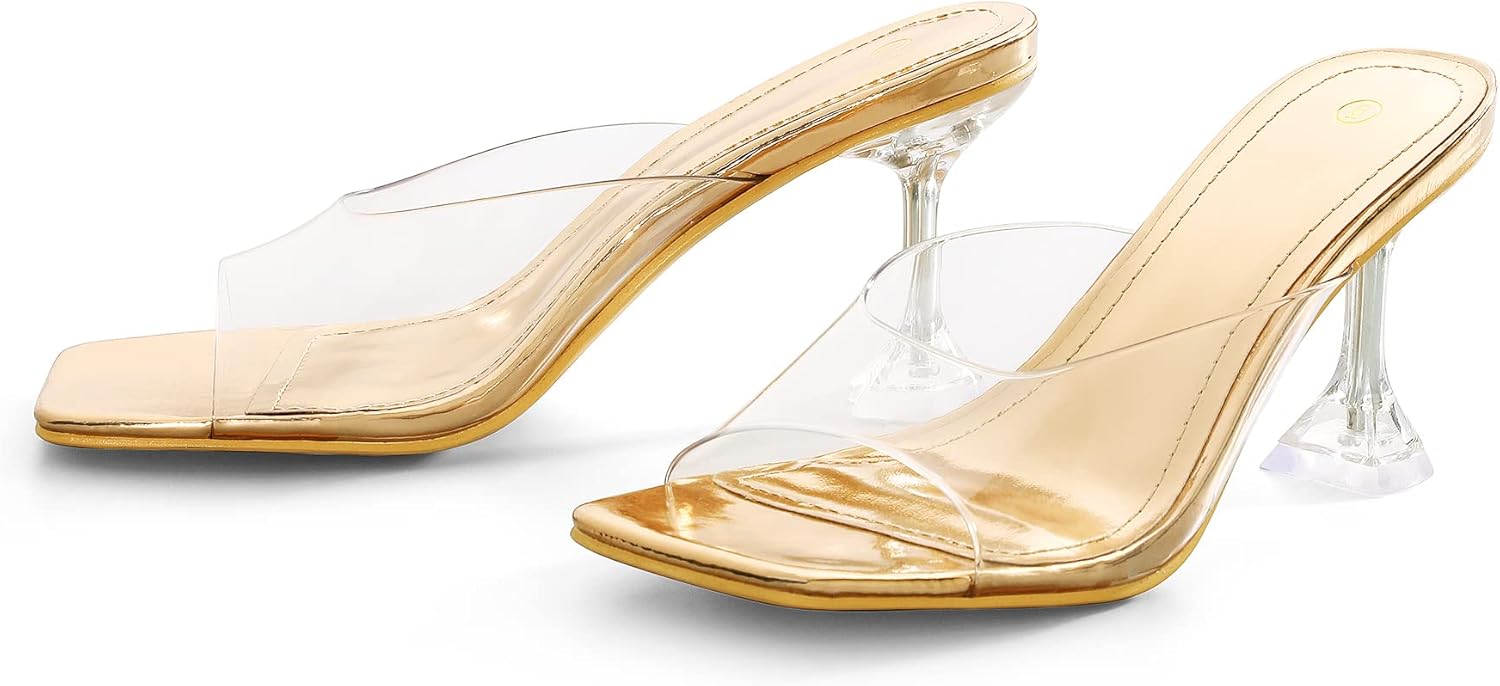 mysoft Women's Clear Heeled Sandals Square Toe Transparent Stiletto Mules Open Toe Slip on Dress Shoes - Image 3