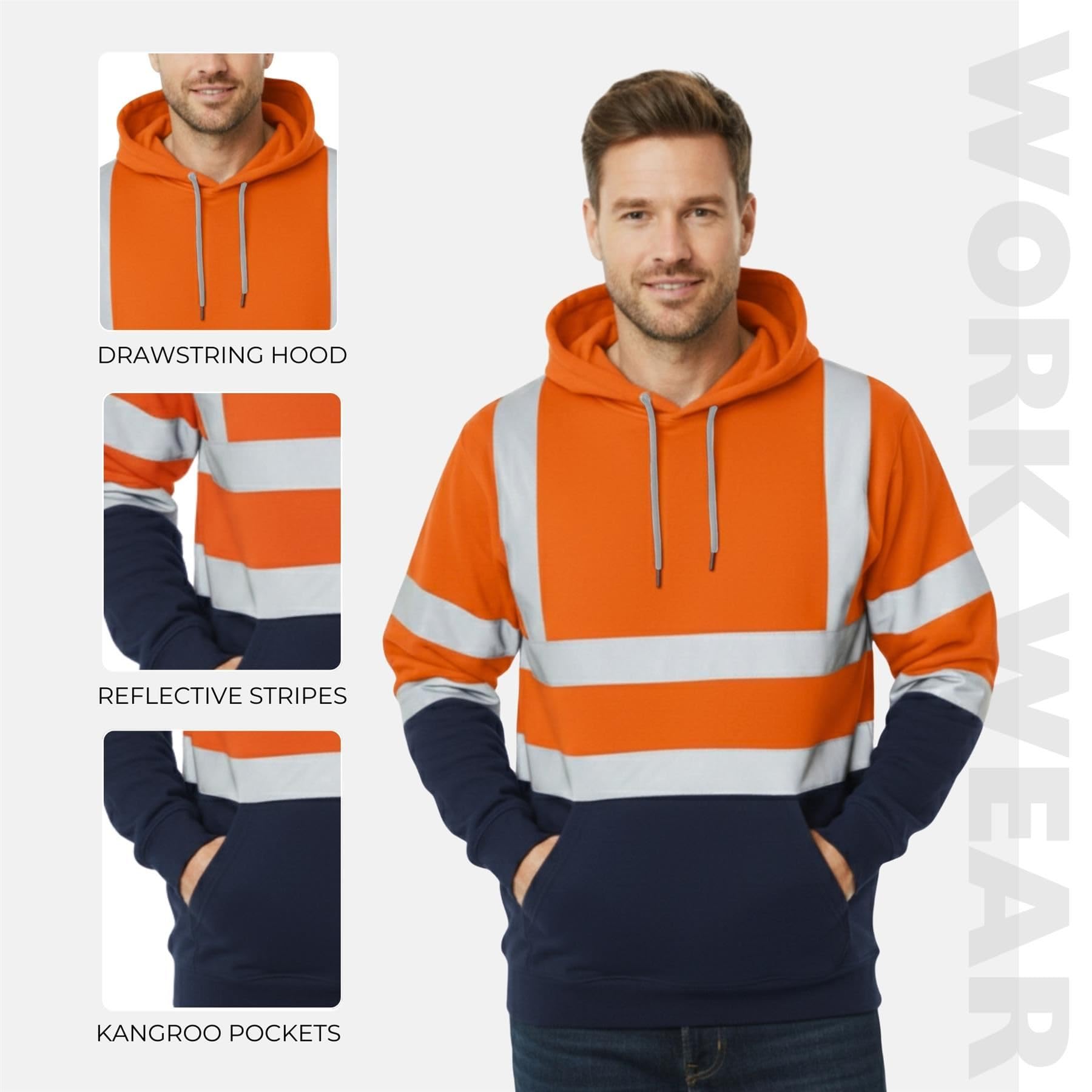 Janisramone® Blouson Haute Visibilité Homme, Pull-Over Réfléchissant Sweat Polaire Homme, Contrast Patch Sweat Homme Capuche, Veste Securite Homme