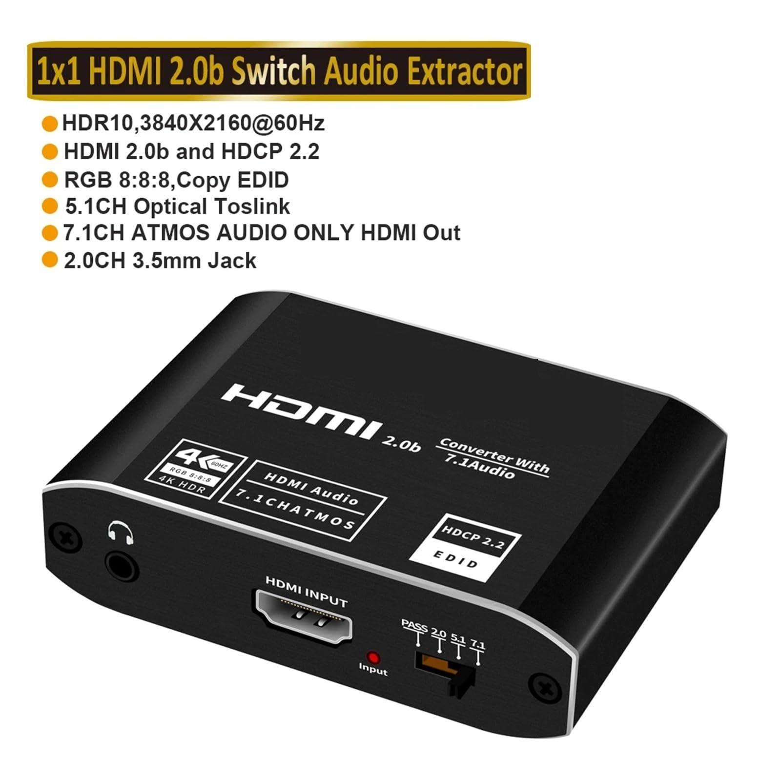 Conmutador 4K 2.0, Extractor de conmutadores, Divisor HDR ARC 4X1 con Control Remoto (Entrada + toslink + Salida estéreo)(ZY-HA001)