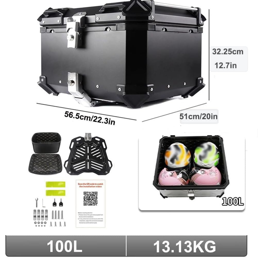 Bagażniki do skuterów, Zagęścić skrzynię ogonową, aluminiowe tylne kufry na bagaż motocyklowy(Black,100L:L56cm*W50cm*H33cm)