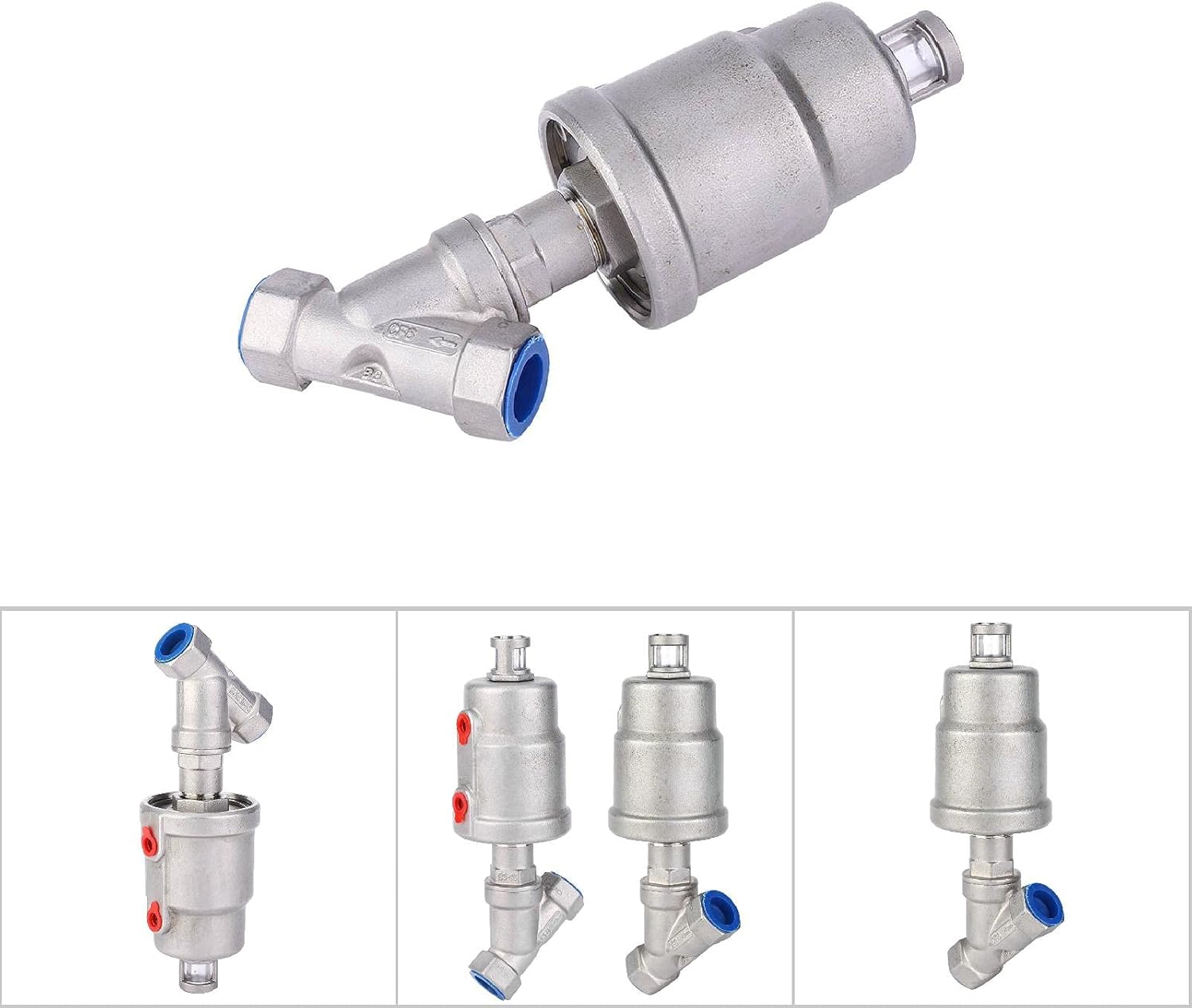 Pneumatic Angle Seat Valve Air Actuated Steam Valve with PTFE Sealing Female Thread Stainless Steel Body 1/2 Inch DN15 Industrial Process Control Valve