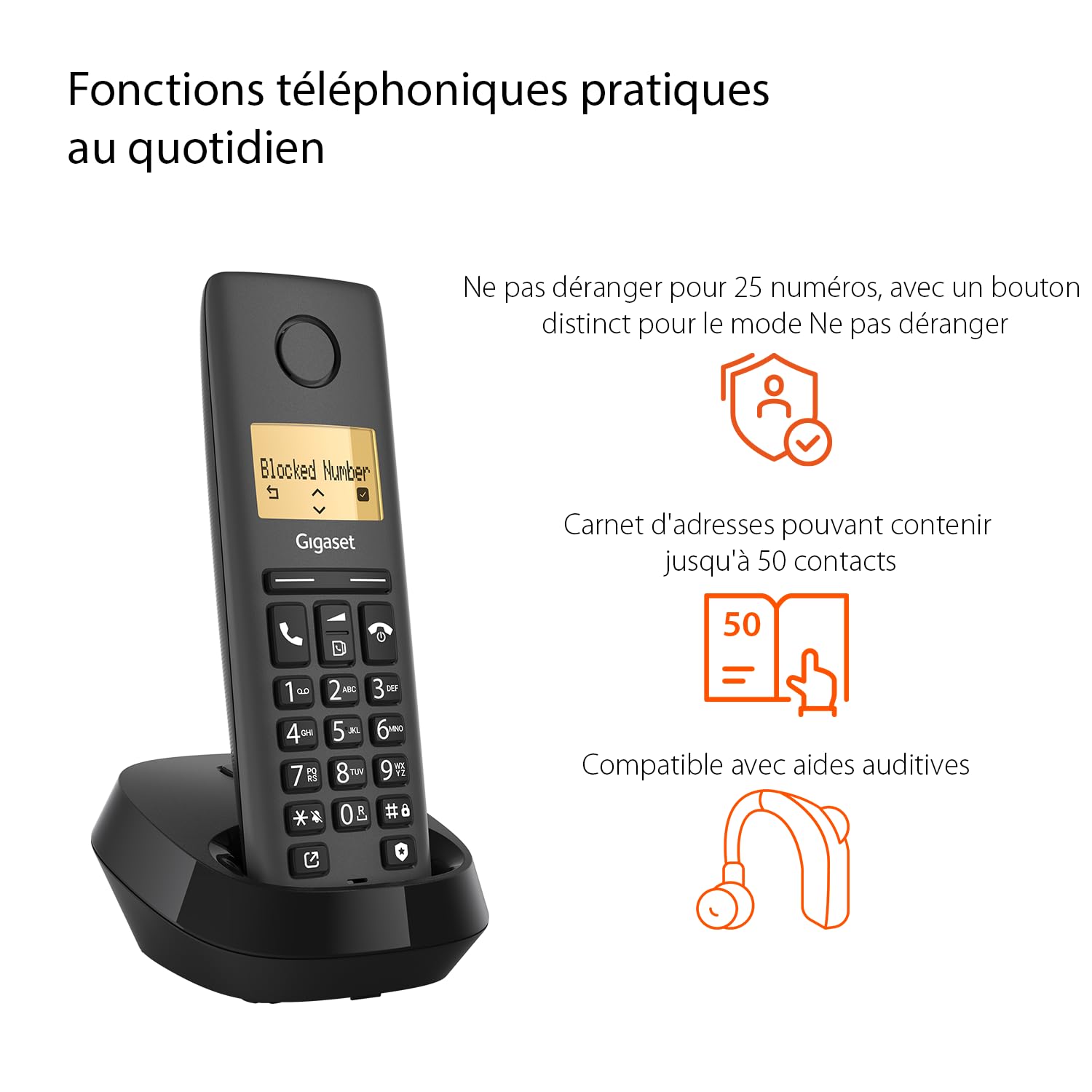 Gigaset PURE 120 Duo - 2 téléphones sans fil avec ECO DECT - écran rétro-éclairé - compatible avec les aides auditives - protection d'appel, noir anthracite