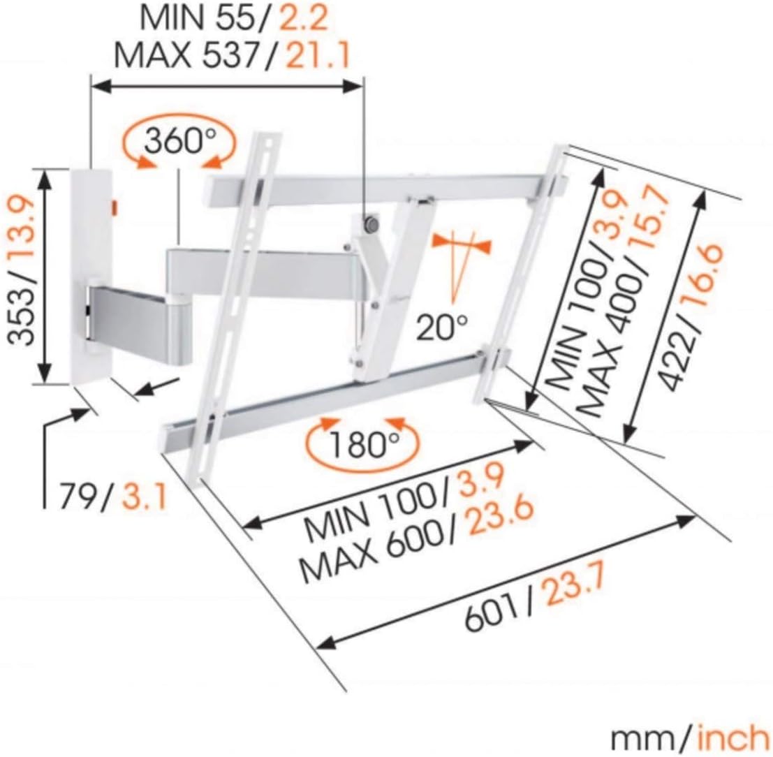Vogel's Wall 3345 Full-Motion TV Wall Mount for 40-65 Inch TVs Max. 66 lbs (30 Kg) Swivels Up to 180º Tiltable TV Wall Mount Max. VESA 600x400 Universal Compatibility