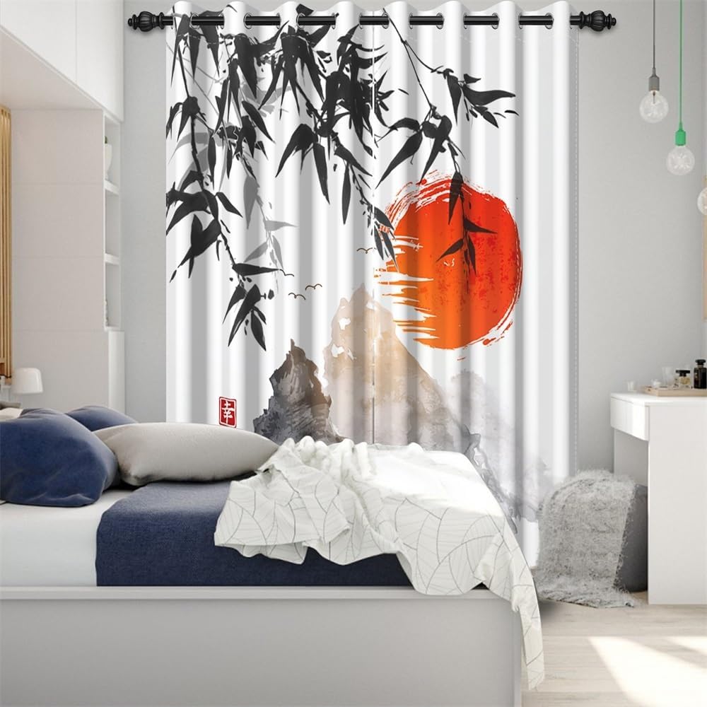 Japanese Curtains Ink Painting Mt. Fuji Red Sun Sunset Bamboo Leaves Window Drapes for Bedroom Living Room Asian Japanese Style Kitchen Curtains Treatment Sets Decor,26x84 inch,2 Panels