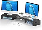 BONTEC Dual Monitor Stand for Desk, Adjustable Length and Angle Monitor Stand Riser with Smartphone Holder, Desk Shelf for Top of Desk, Computer Monitor Stand with Storage, Office Desk Organizer, Black