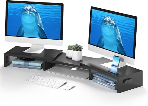BONTEC Supporto per Doppio Monitor e Smartphone, Riser Regolabile con Lunghezza e Angolo di Rotazione in Legno, Organizer da Tavolo fino a 20kg, Nero