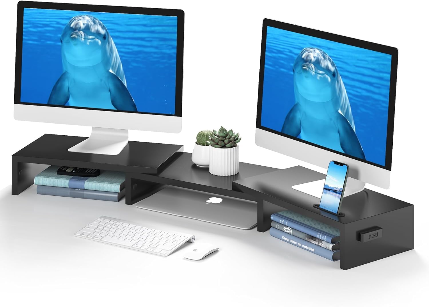 TEAMIX Supporto Per Monitor In Legno MDF Nero, 50,8x24,1x10,2 Cm, Porta PC/Laptop/Stampante, Capacità 80 Kg, Con Ripiano Per Tastiera, Facile Da Montare, Organizer Da Scrivania