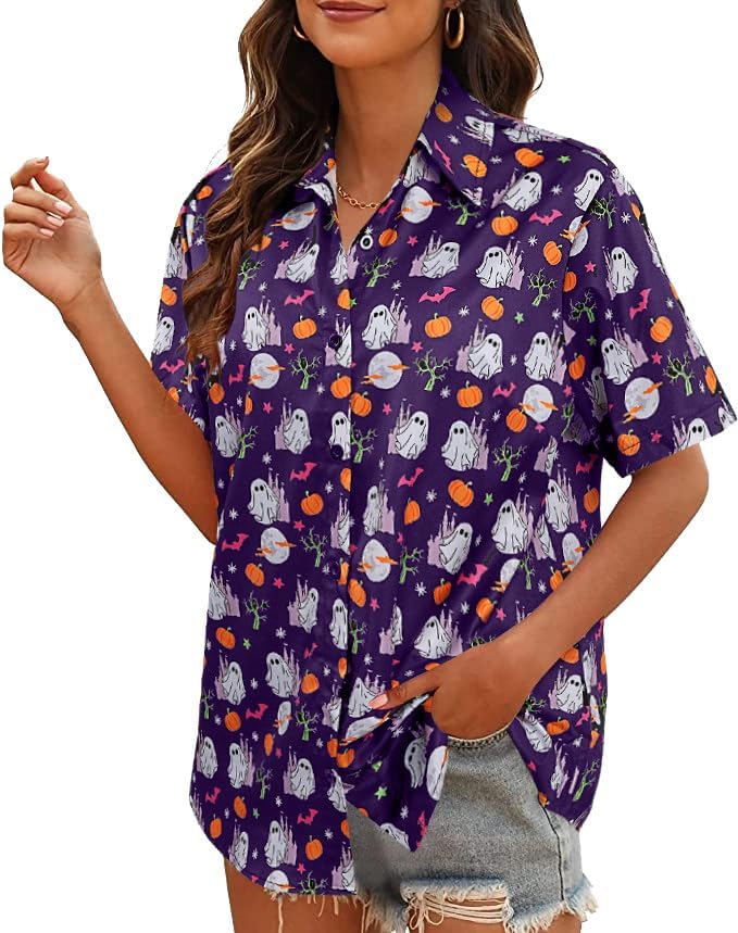Womens Halloween Hawaiian Shirt Cute Pumpkin Spooky Castle Graphic Tee Magical Halloween Short Sleeve Button Up Tops - Image 3