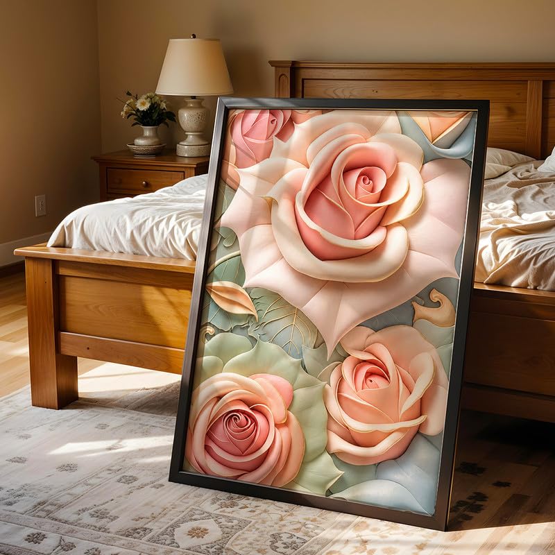 Image of NoWorries 3D Rose Floral Wall Painting with Frame Set of 1 | Premium Textured Pastel Flower Artwork, Luxury Botanical Nature Wall Decor for Living Room, Bedroom, Office and Home Decoration (3d Art-12,10x13inch)