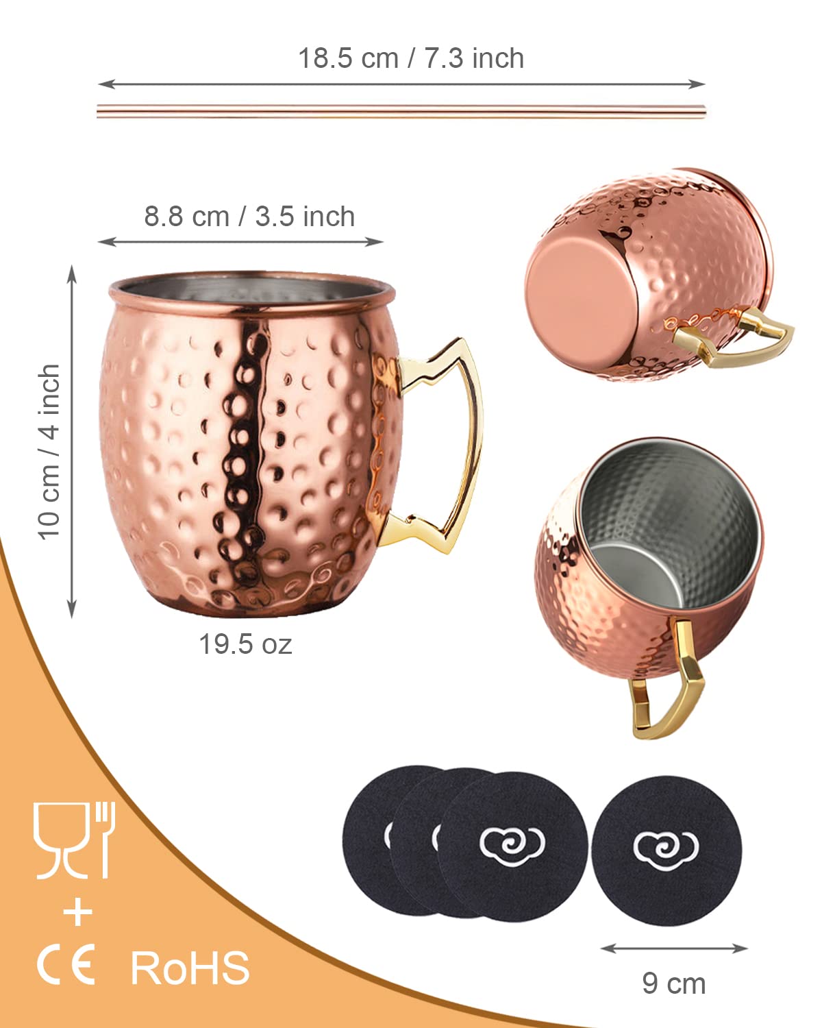 LIVEHITOP Set of 4 Moscow Mule Tasse Cuivre 530ml, Moscow Mule Mug Verres à Cocktail avec Sous-verres pour Cocktail, Boissons Froides, Fête, Bar