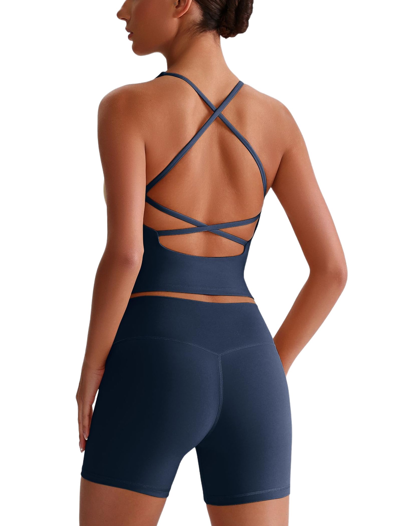 ABOCIW 2 Piece Workout Sets for Women Cross Back Sports Bra Tank High Waist Biker Shorts Gym Yoga