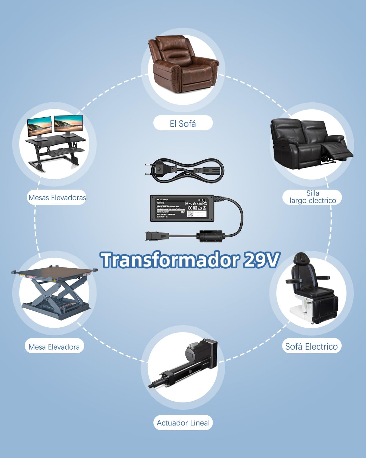 Shefor Adaptador 29V 2A Cable Sillón Relax Cargador Compatible con Sofa Eléctrico Reclinable Transformador OKIN SP2B Power Supply Transformer Motor Cable Kaidi Recliner Lift Chair Fuente Alimentación