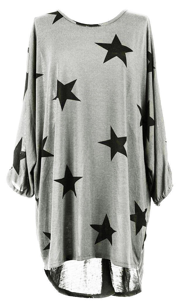 Women Ladies Star Printed Batwing Low Back Plain Baggy Tunic Top Dress Plus Size (UK - S/M (8-10), Grey Star Print Batwing)