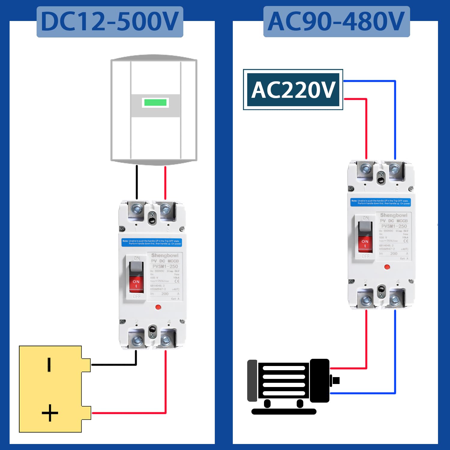Main DC 200 Amp Circuit Breaker AC Disconnect Switch 2 Poles 550V Battery Thermal Magnetic Trip Power Solar UPS Station