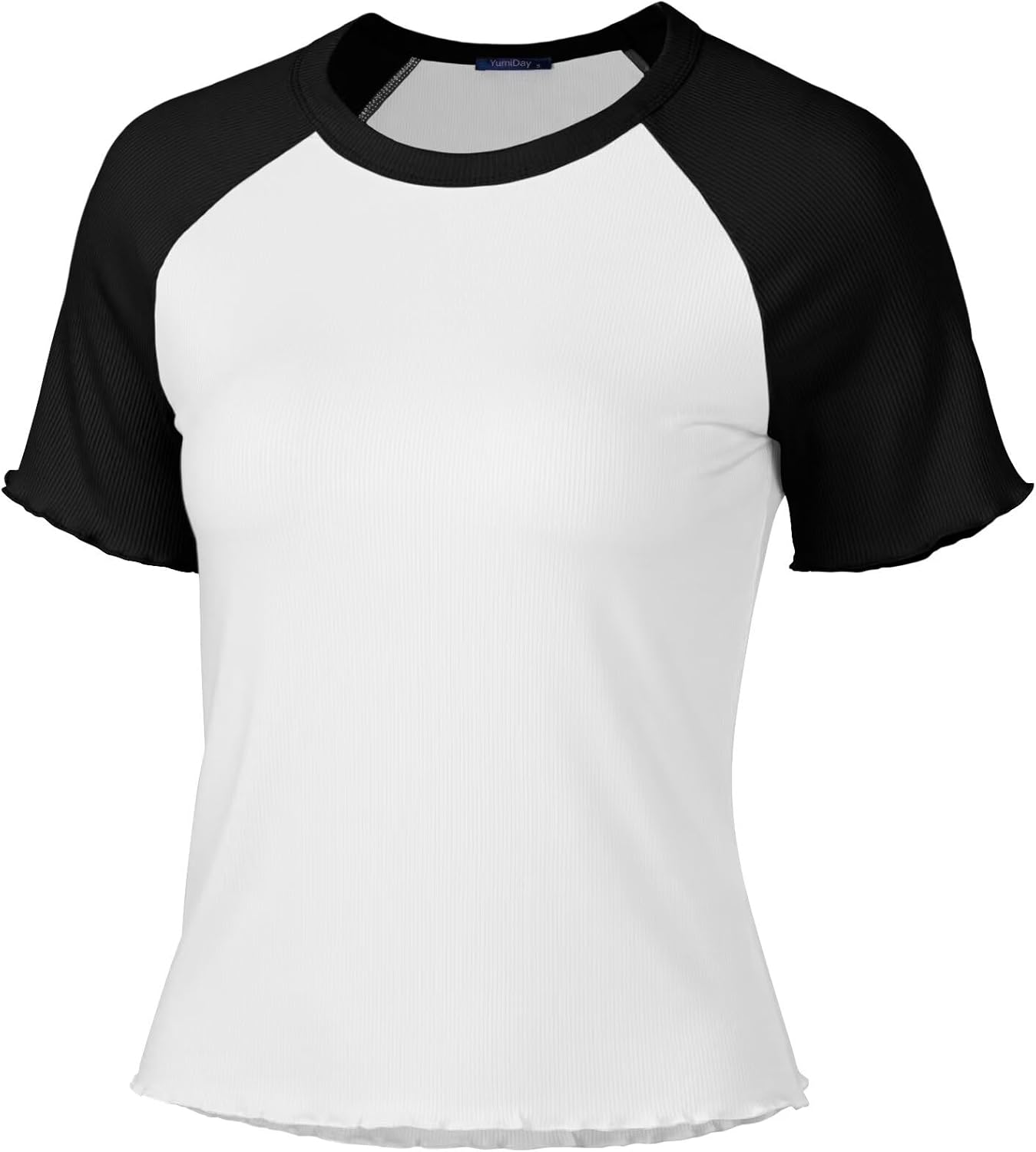 Womens Raglan Shirt Lettuce Trim Tops Fitted Tees Ribbed Tshirt Short Sleeves Crewneck T-Shirt - Image 2