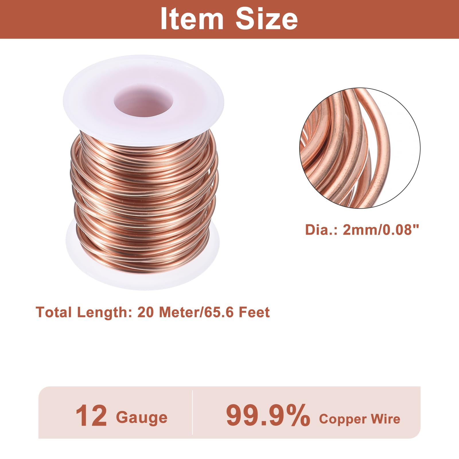 sourcing map Alambre de cobre suave (calibre 12, 65.6 pies), 99.9% alambre de cobre puro desnudo de 2 mm, alambre sólido para manualidades y decoración de jardinería (20 metros)