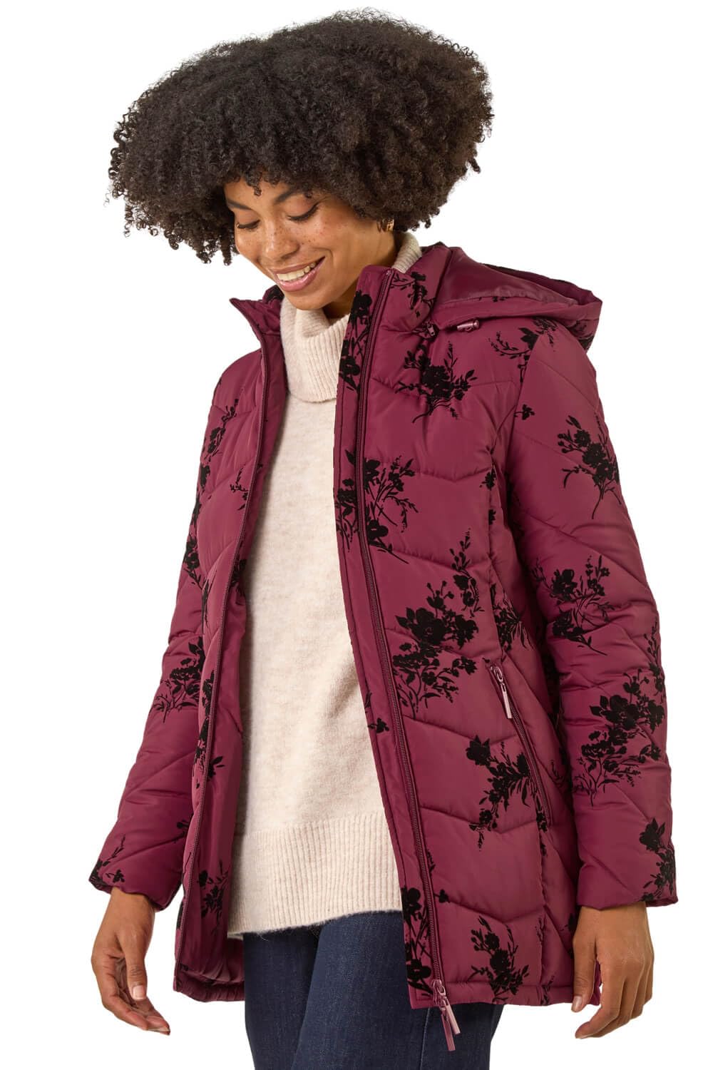 Roman Women's Burgundy Floral Flock Padded Coat Size 18
