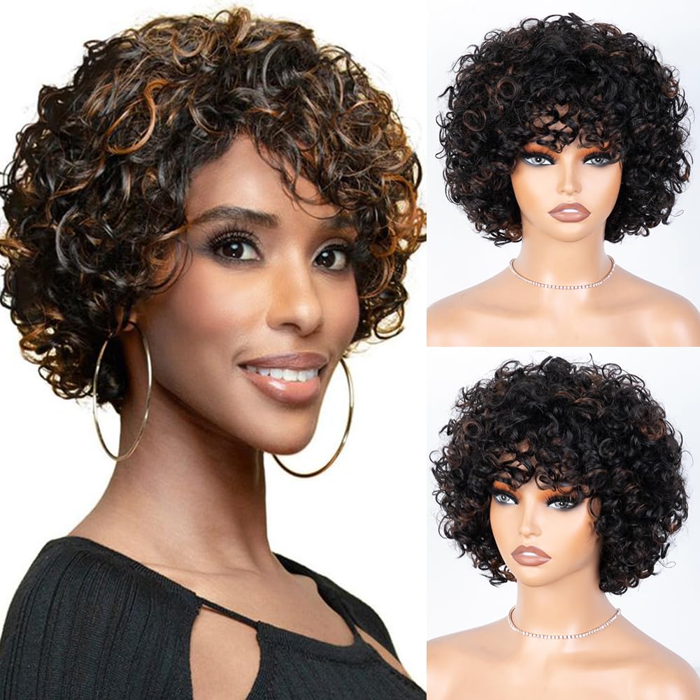 JOEDIR HAIR Curly Wig with Bangs Human Hair for Black Women Short Curly Bangs Wigs Black mixed Brown Highlight Curly Bob Glueless Wig 150% Density (