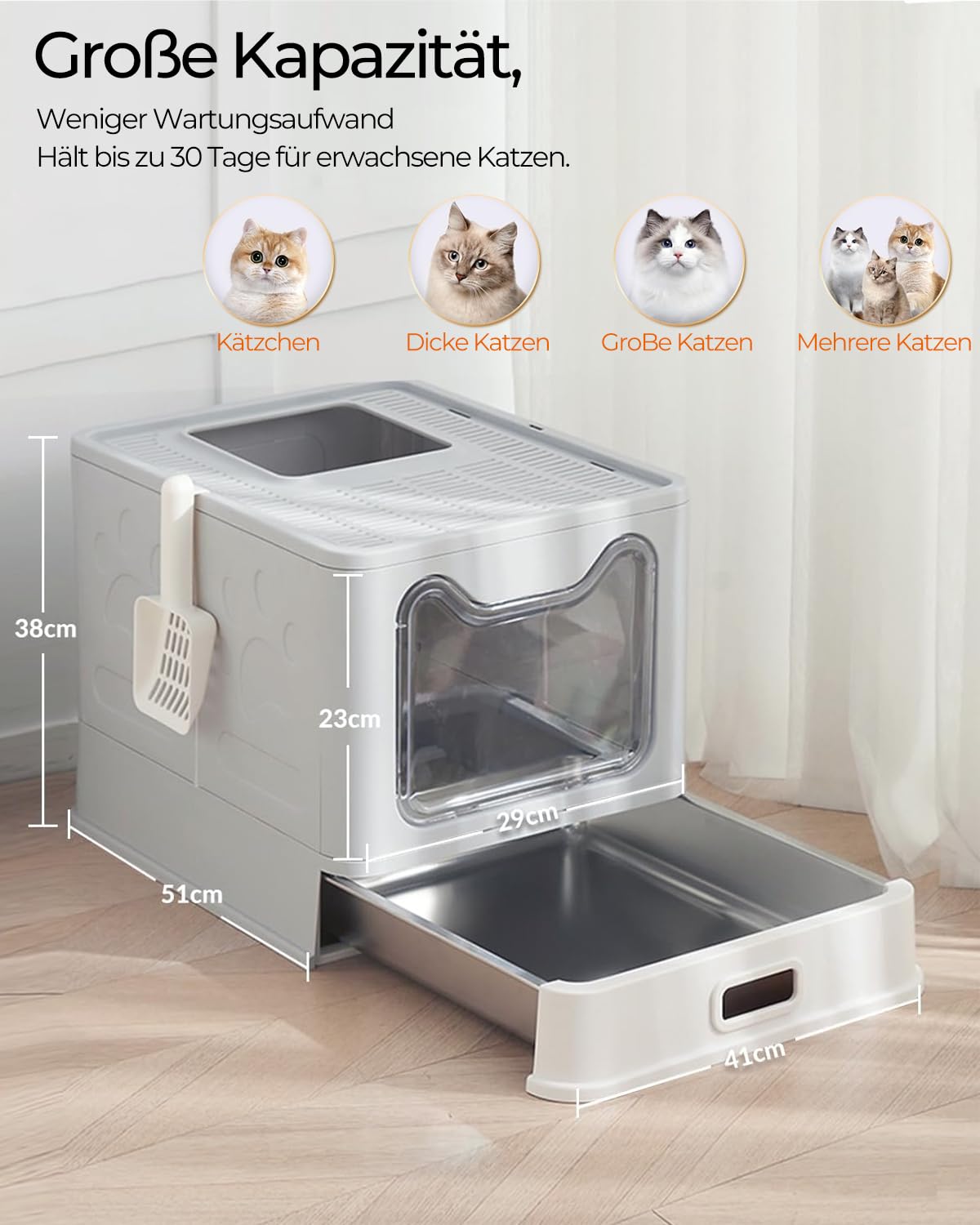 XXL Katzenklo mit Deckel & Edelstahl-Schublade, geschlossenes geruchsfrei Katzenklo, hop-in Katzentoilette, Anti-Streu-Design, Katzenklo-Schaufel, Stainless Steel Litter Box, Blau