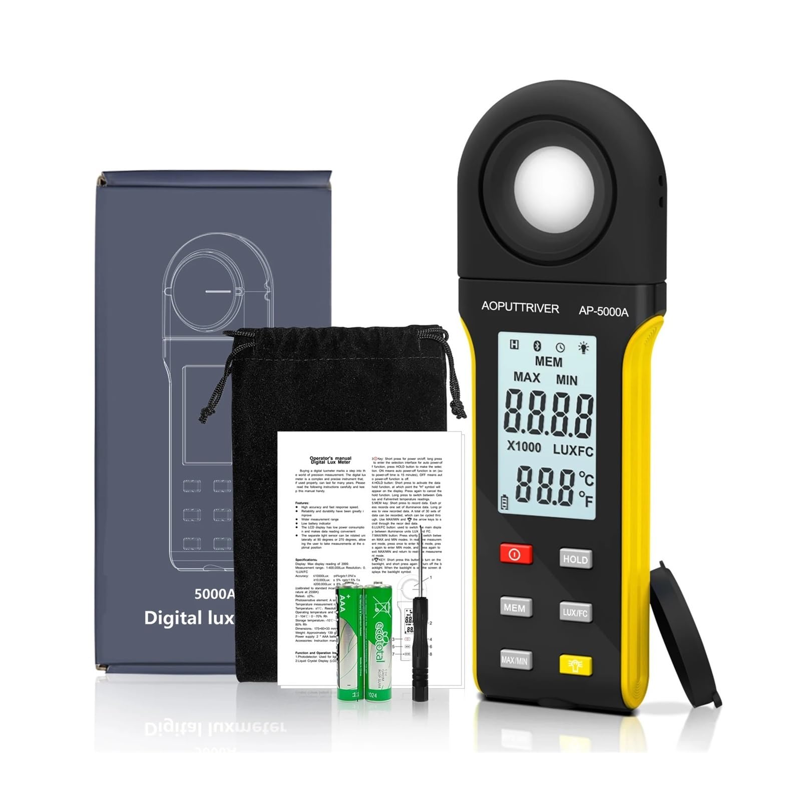 JVDDI Digital Light Tester 5000A High-Precision Digital Lux Meter, 1 To 400,000 Wide Ran, Lux/Fc Unit Switch, MAX/MIN Recording, Built-in Display