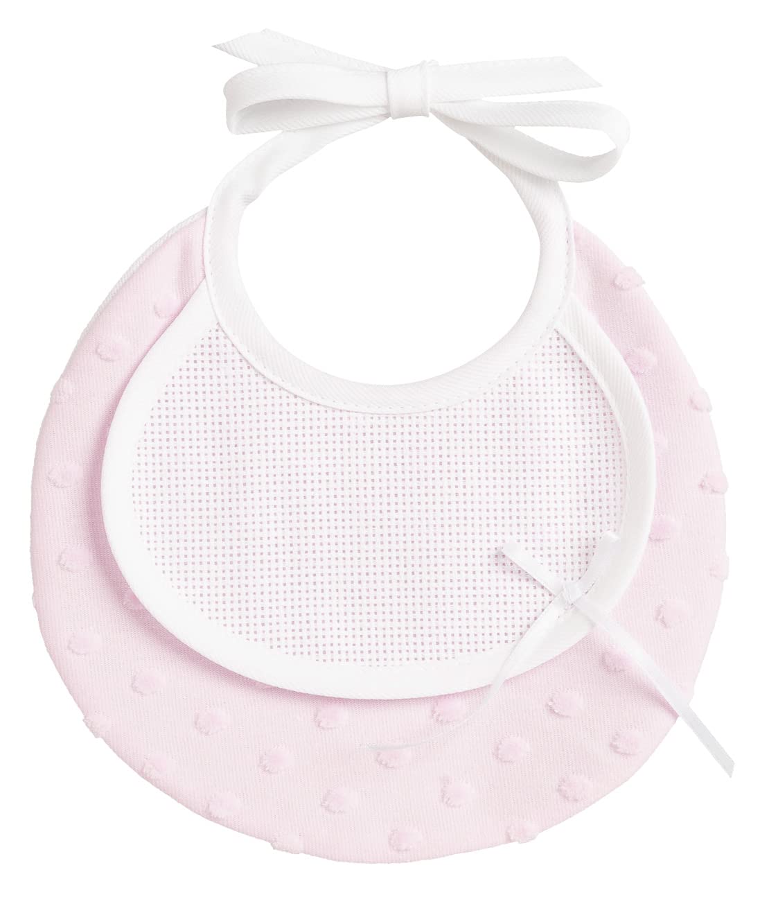 Bavaglino Tondo Neonato Morbido Tessuto Pois Effetto 3D Tela Aida Ricamare Chiusura Laccetti Rosa Made in Italy