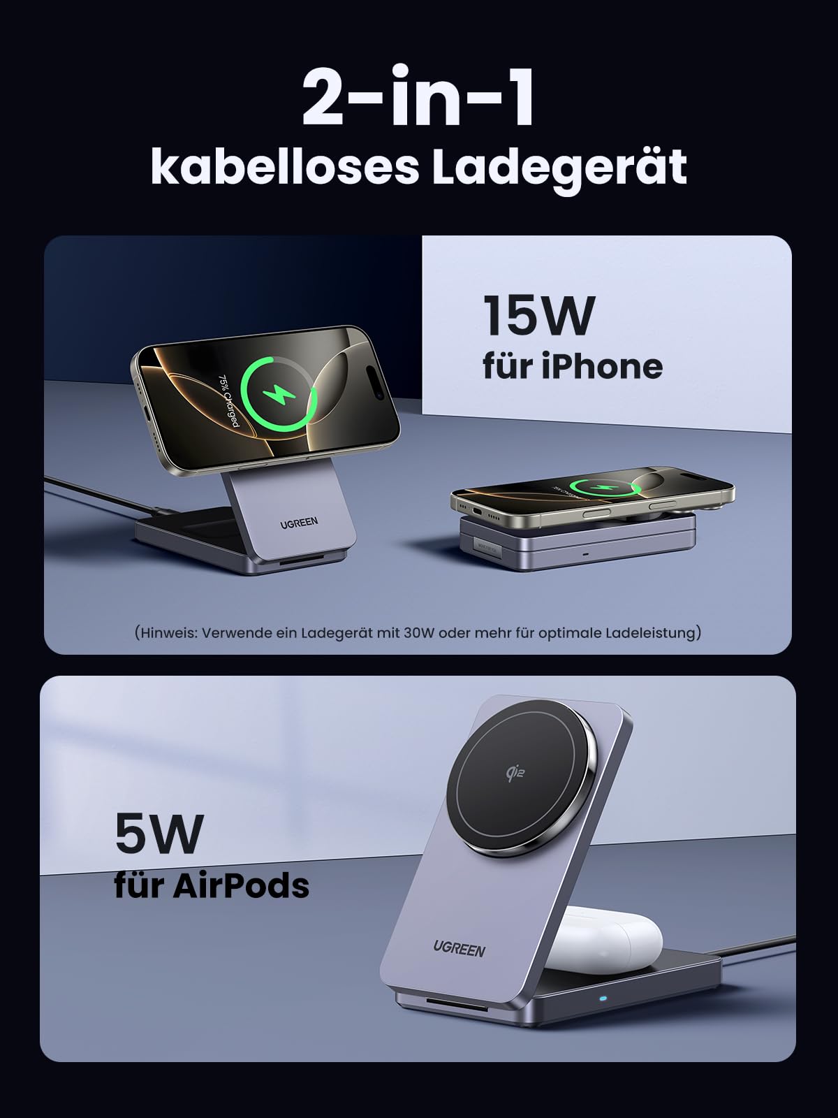UGREEN MagFlow Qi2 15W 2-in-1 iPhone Faltbare Ladestation mit Magsafe