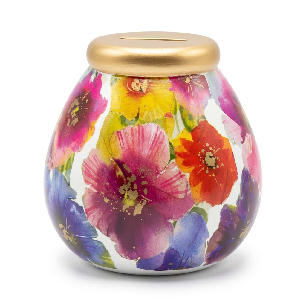 Pot of Dreams Floral Ceramic Money Box – Hand Painted Savings Pot with Gold Lid, Break to Open Coin Bank, Large Capacity Piggy Bank for Adults & Children, Gift Idea