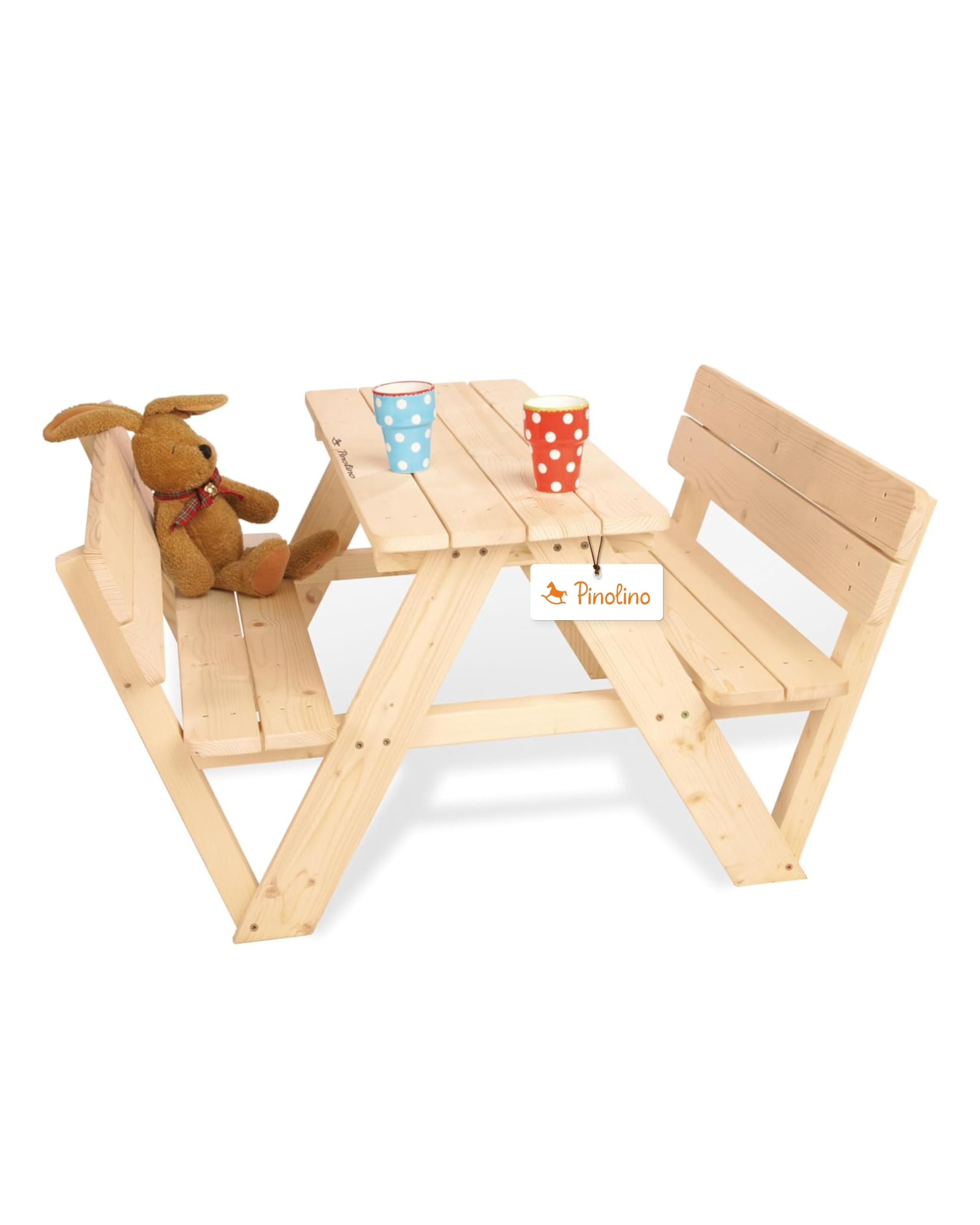 PINOLINO Nicki 4er Kindersitzgruppe mit Lehne aus Massivholz I Kinder Picknicktisch für Garten & Outdoor I Spieltisch mit Rückenlehnen für 4 Kinder I 90 x 105 x 51 cm