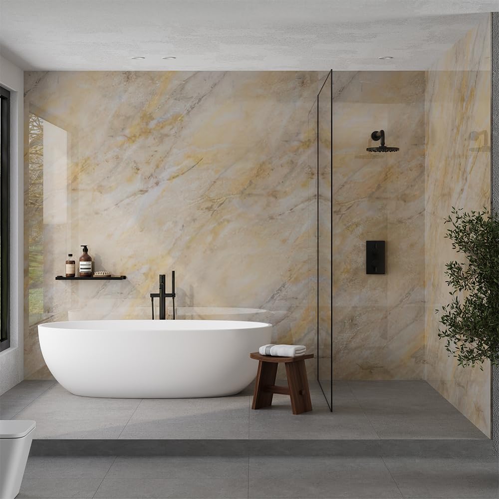 Shower Panel X2 Panels 100% Waterproof 1000mm Wide x 2400mm Tall Wet Wall Bathroom Cladding PVC 10mm Thick (1m) (Beige Marble (Gloss))