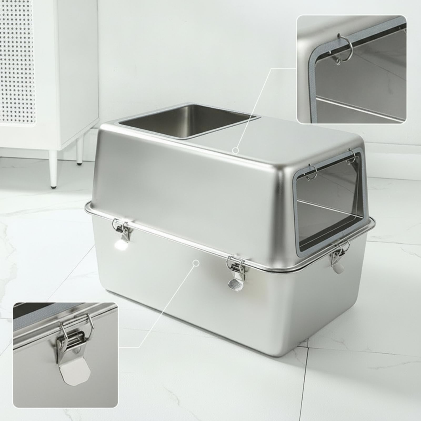 rockible Edelstahl-Katzenklo Rostfrei Katzentoilette mit Haube Hygienisch Katzentoilette mit Deckel für Katzen, Katzenbesitzer, Wohnung, Badezimmer, 50 X 35 X 40 cm