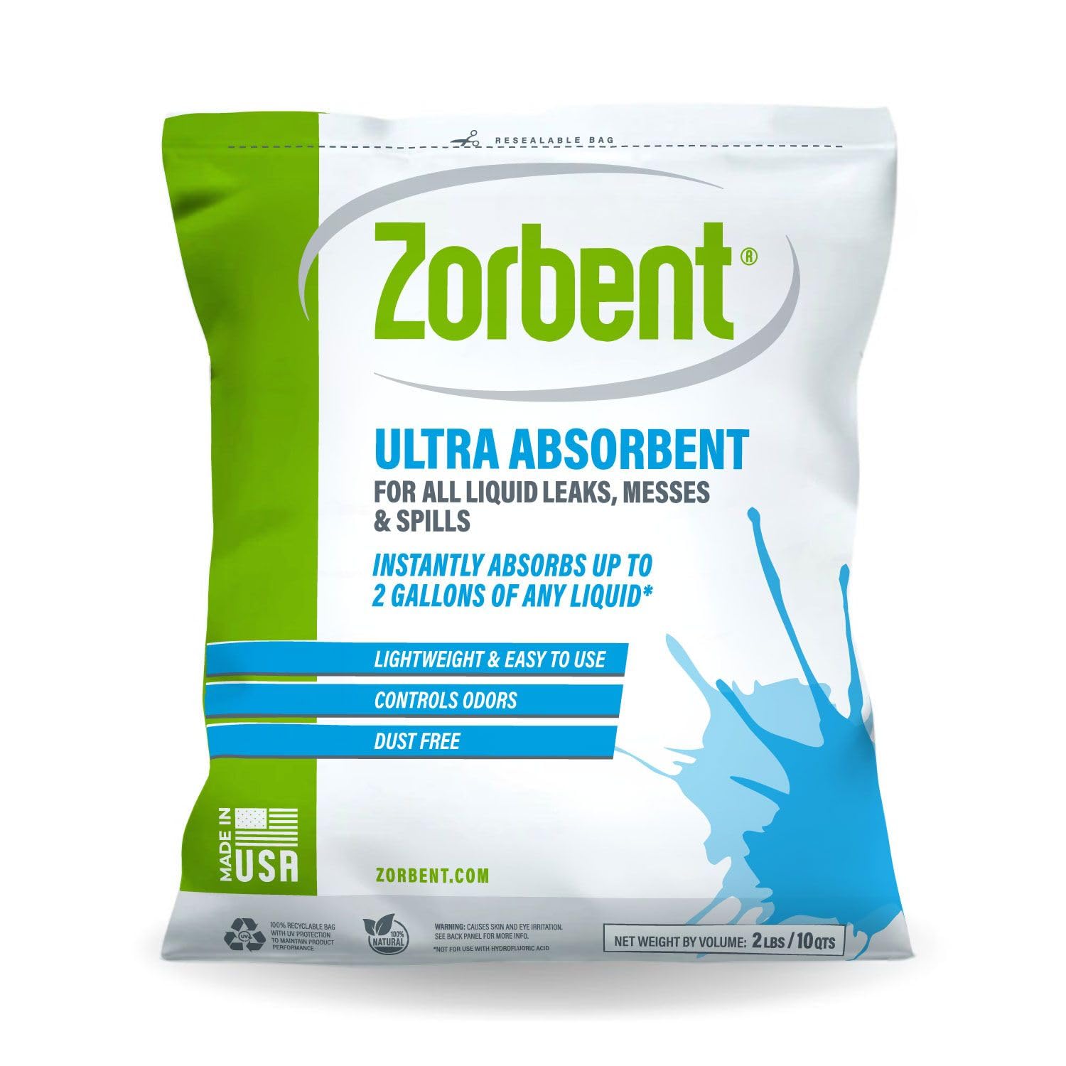 Zorbent Liquid Spill Cleanup 10 Quart Bag | 16X More Absorbent for Grease, Oil, Blood – Reusable for Floor, Carpet, Pet Accident, or Biohazard Mess – Fast Acting, Lightweight, Non-Toxic