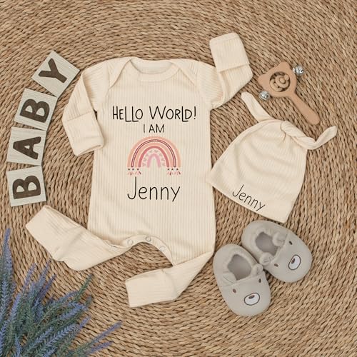 Hello World Personalized Newborn Coming Home Outfit - Custom Name Bodysuit and Hat Newborn Boys Girls 0-3 Months2
