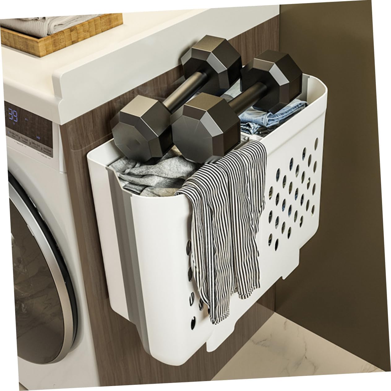 Foldable Laundry Basket Wall Mount Double Compartment Large Capacity Laundry Hamper Storage Basket for Dirty Clothes and Space Saving Hanging Organizer for Home Bathroom