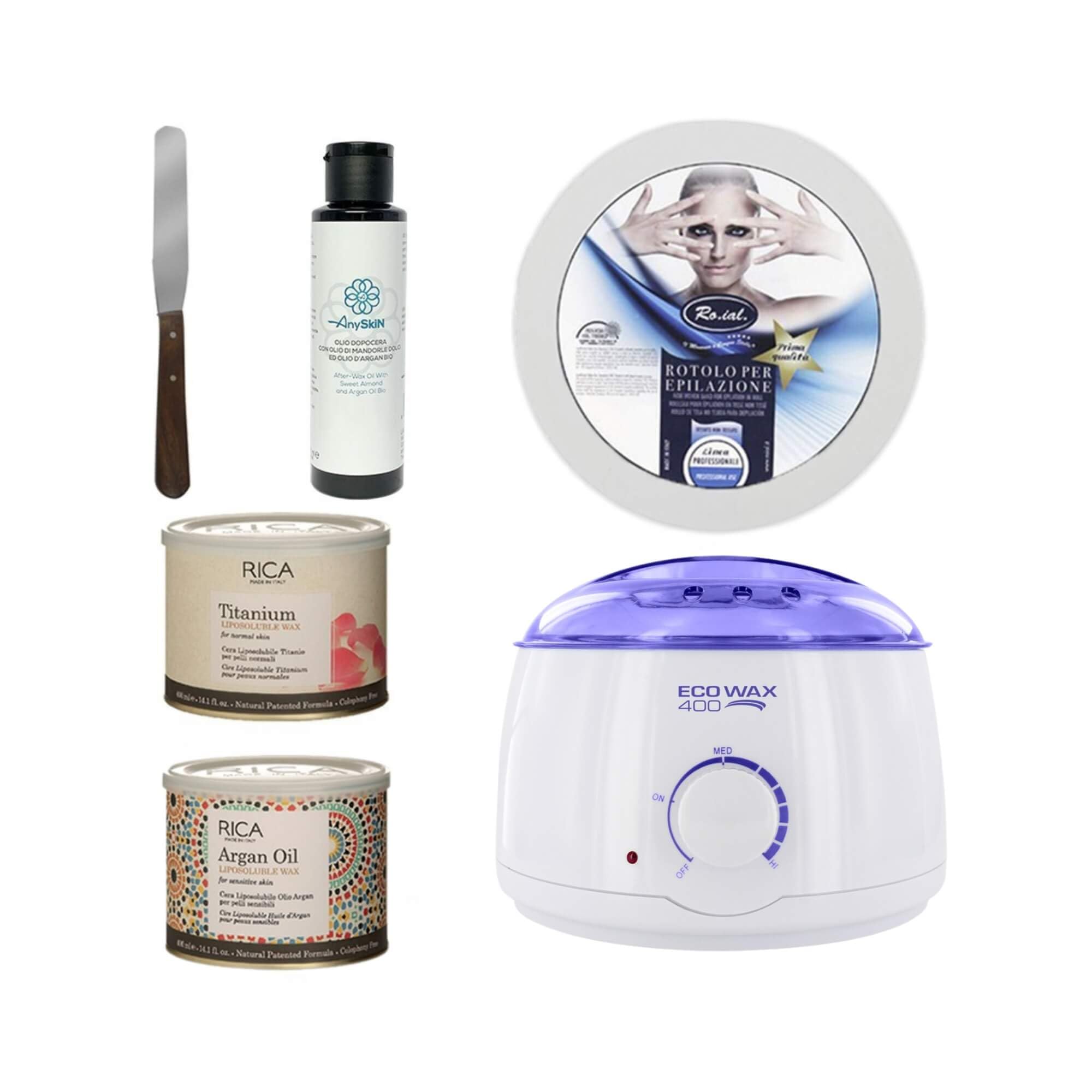 Profesjonalny zestaw wosków do woskowania, 2 wosky rozpuszczalne w tłuszczach Rica 400 ml, różowy i argan, Anyskin Milk po wosku 250 ml, szpatułka stalowa i rolka do depilacji Tnt Roial
