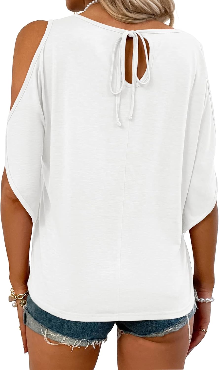 Aoysky Women Cold Shoulder Tops Summer Short Sleeve Shirt Scoop Neck Tee Casual Loose Fitting Solid Color Tunic Top - Image 2