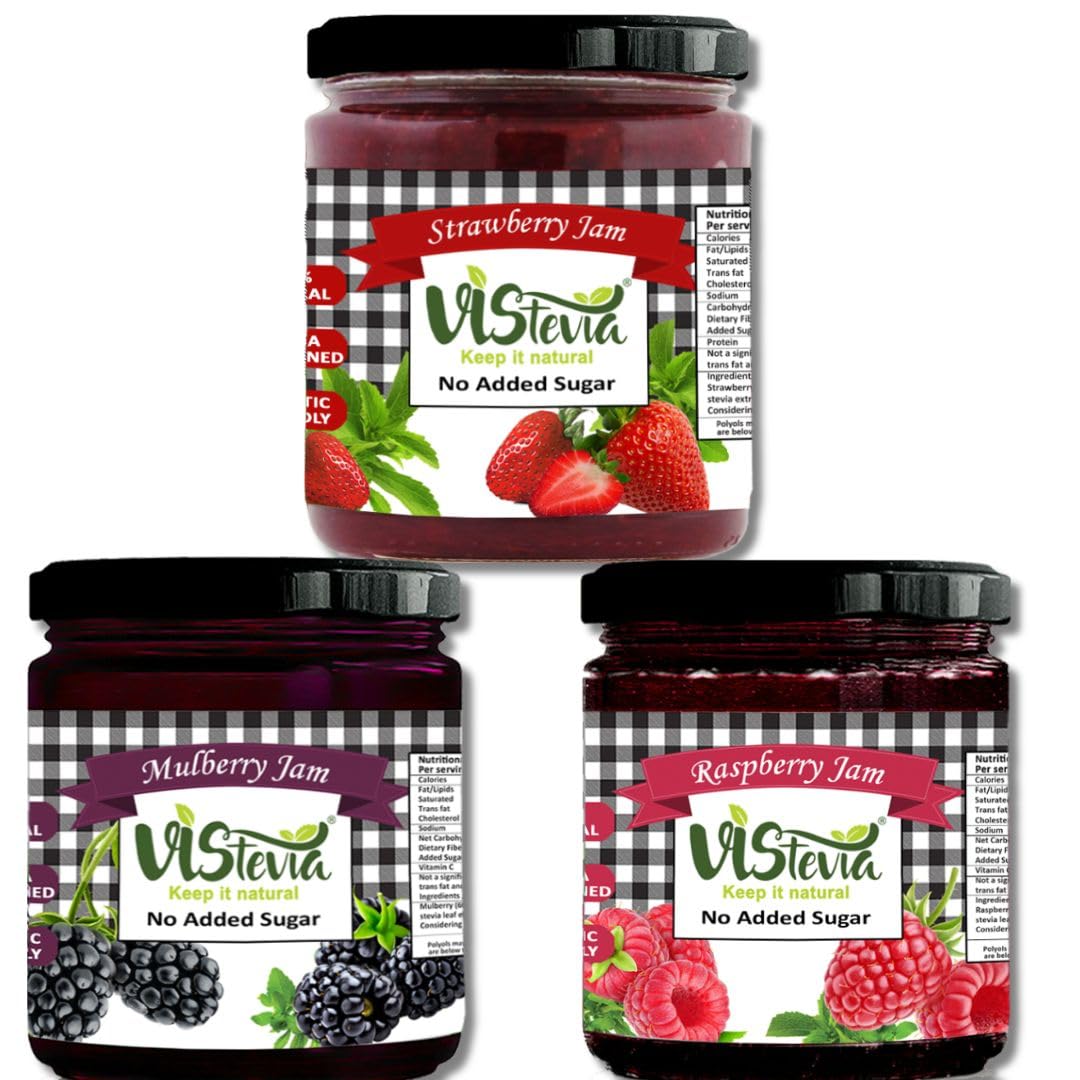 Vistevia Sugar Free Mulberry, Raspberry & Strawberry Jam, Diabetic and Keto Friendly - Sweetened Naturally with Stevia, More Than 60% Whole Berry Content - Tastes Delicious - Pack of 3 (220 * 3 GM)