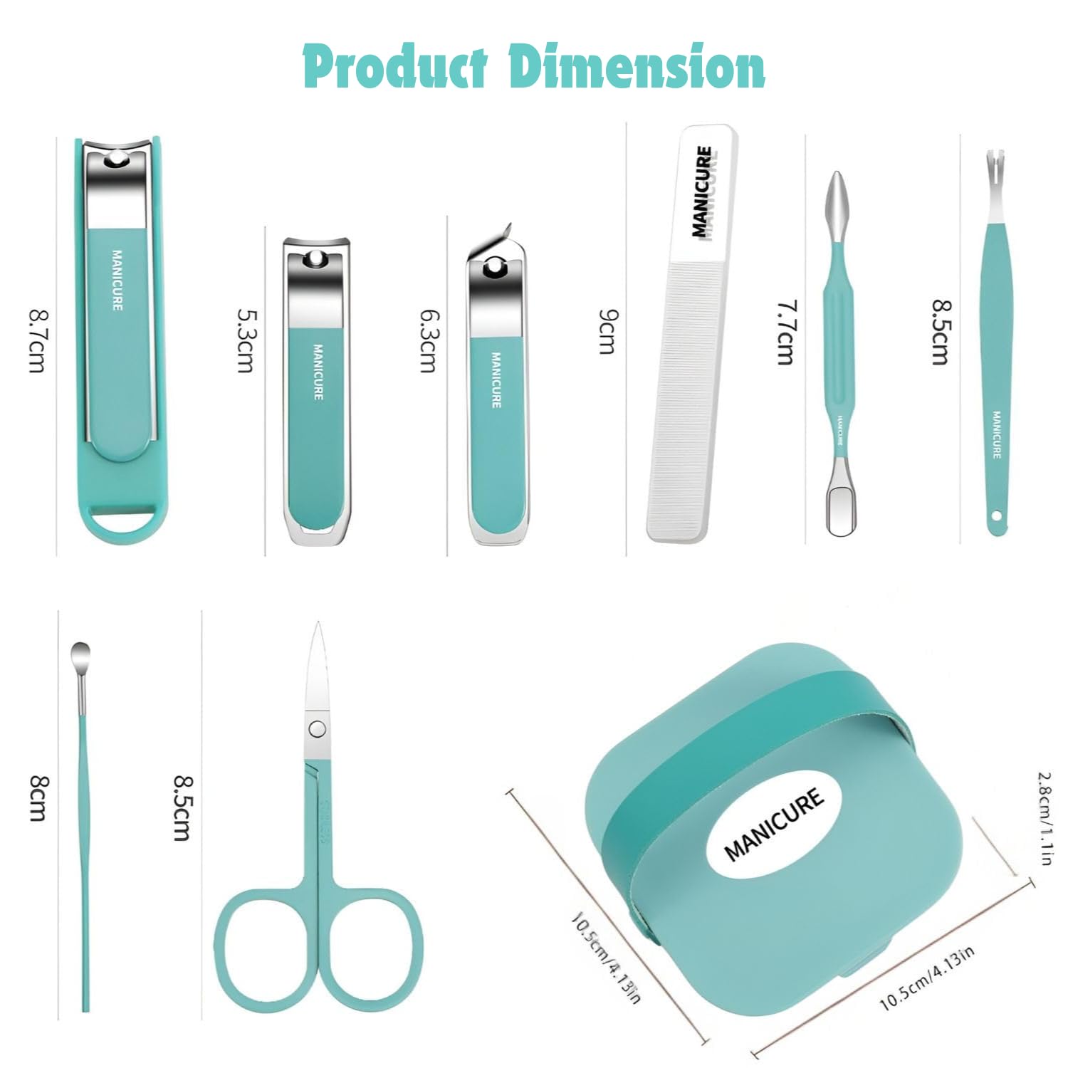 Amillee Professional Manicure Set 8 Tools, Stainless Steel Nail Clippers Scissors Cuticle Nipper Pedicure Tools Kit - Portable Travel Grooming Kit for Men and Women with Luxurious Case, Nail Care Set, Professional Nail Clippers, Cuticle Pusher, Eyebrow Scissors for Home or Salon (Green (8 Pcs)) 1