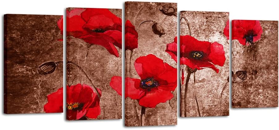 Best Deal Product Wieco Art Red Poppies on Brown 5 Panels Modern Gallery Wrapped Floral Giclee Canvas Print Flowers Pictures to Photo Paintings on Canvas Wall Art Work Ready to Hang for Living Room Home Decor L