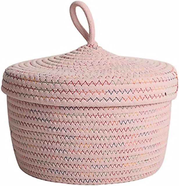 Cabilock Storage Baskets Round Cotton Rope Basket Hamper Basket with Lid Decorative Woven Basket Storage Boxes For Shelves Caddy Container for Snacks Towels Plants (Pink)