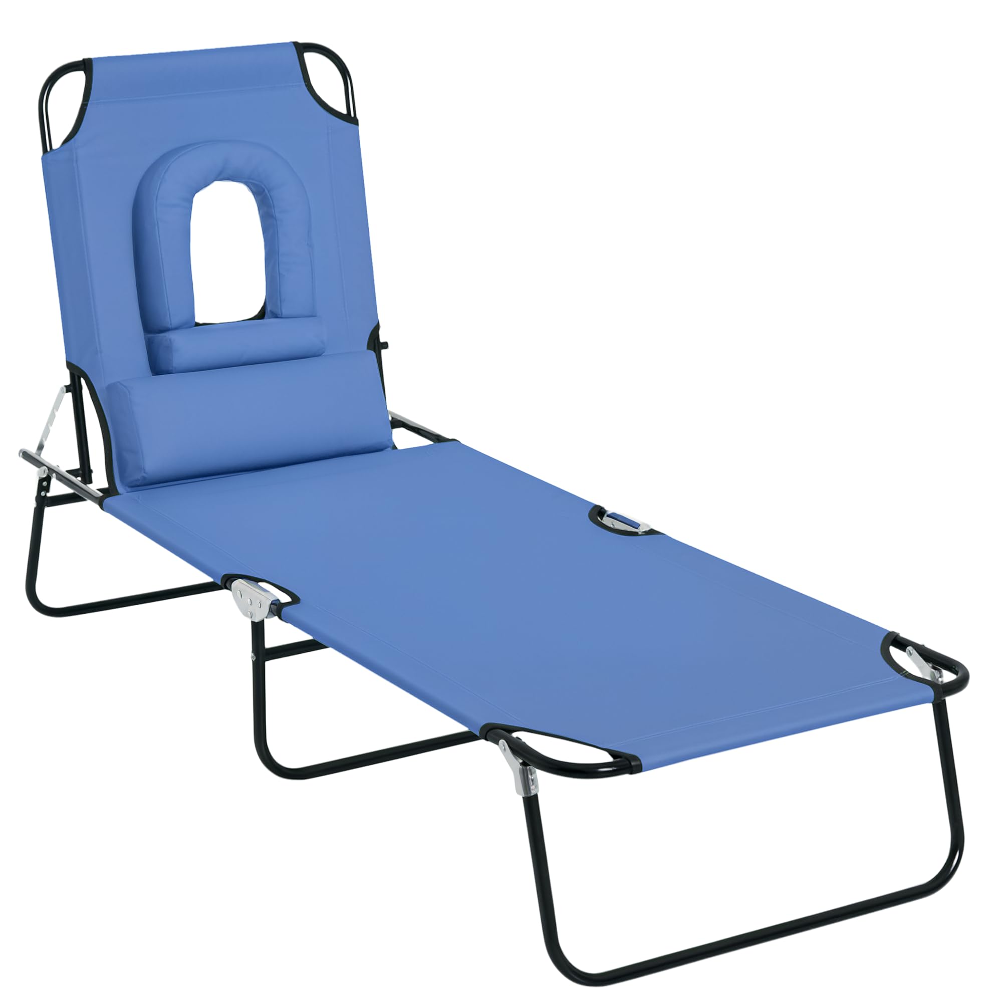 Outsunny Folding Sun Lounger with Face Hole, 4-Position Adjustable Backrest Garden Recliner Chair Sunbed, Outdoor Lounge Chair with 600 D Oxford Cloth Seat, Pillow for Beach, Black — view 10