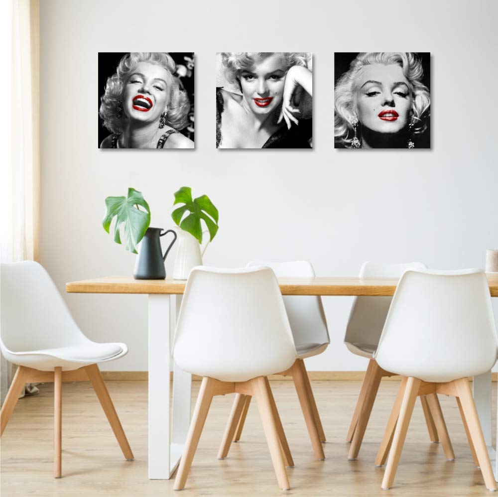 Quadri L&C ITALIA Marilyn Labbra Rosse - Quadri Moderni Soggiorno Cucina Ufficio 3 Quadretti 25 x 25 Stampe su Tela da Parete Bianco Nero