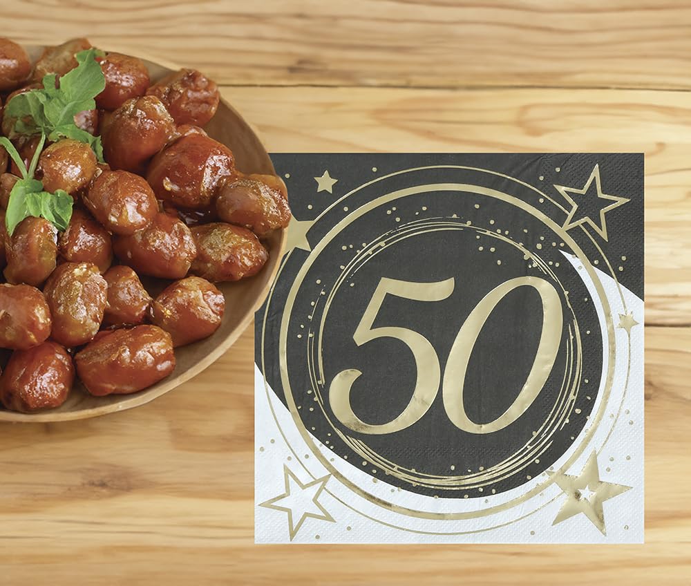 FIESTAS GUIRCA | 20 Disposable 50th Birthday Napkins (6.3x6.3 in) - Table Decoration for Parties and Celebrations - Ideal for Anniversary Events and Parties - Black, Gold, White