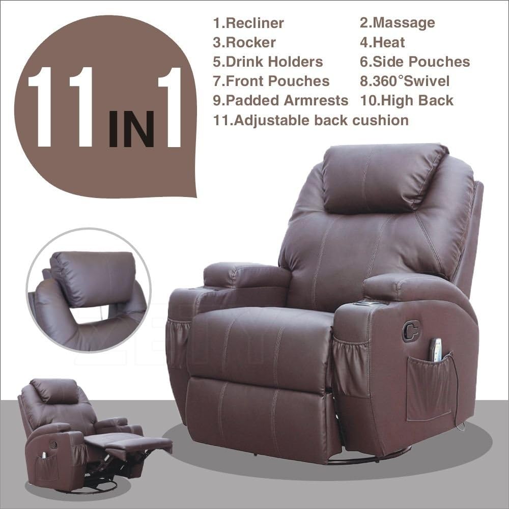 Massage Recliner Sofa Chair Ergonomic Deluxe Lounge Swivel Heated Control Brown