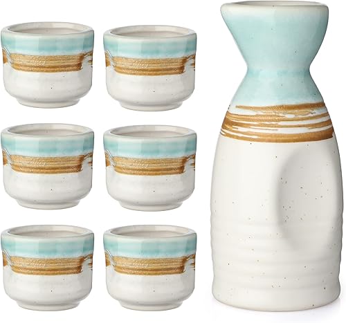 Vista 7 de Juego de sake de cerámica japonesa de sake de porcelana japonesa, botella de sake, tazas de sake para servir sake caliente y sake frío gris